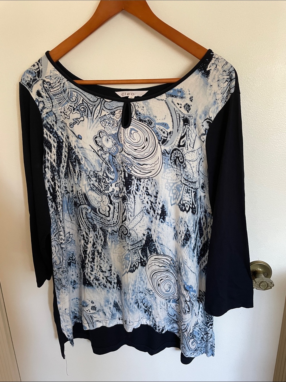 cleo Navy and White Paisley Keyhole Long Sleeve Tee